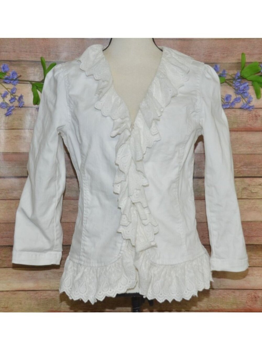 Ralph Lauren Jeans Co White Denim Ruffle Eyelet Lace Jacket Blazer Size 12 Boho